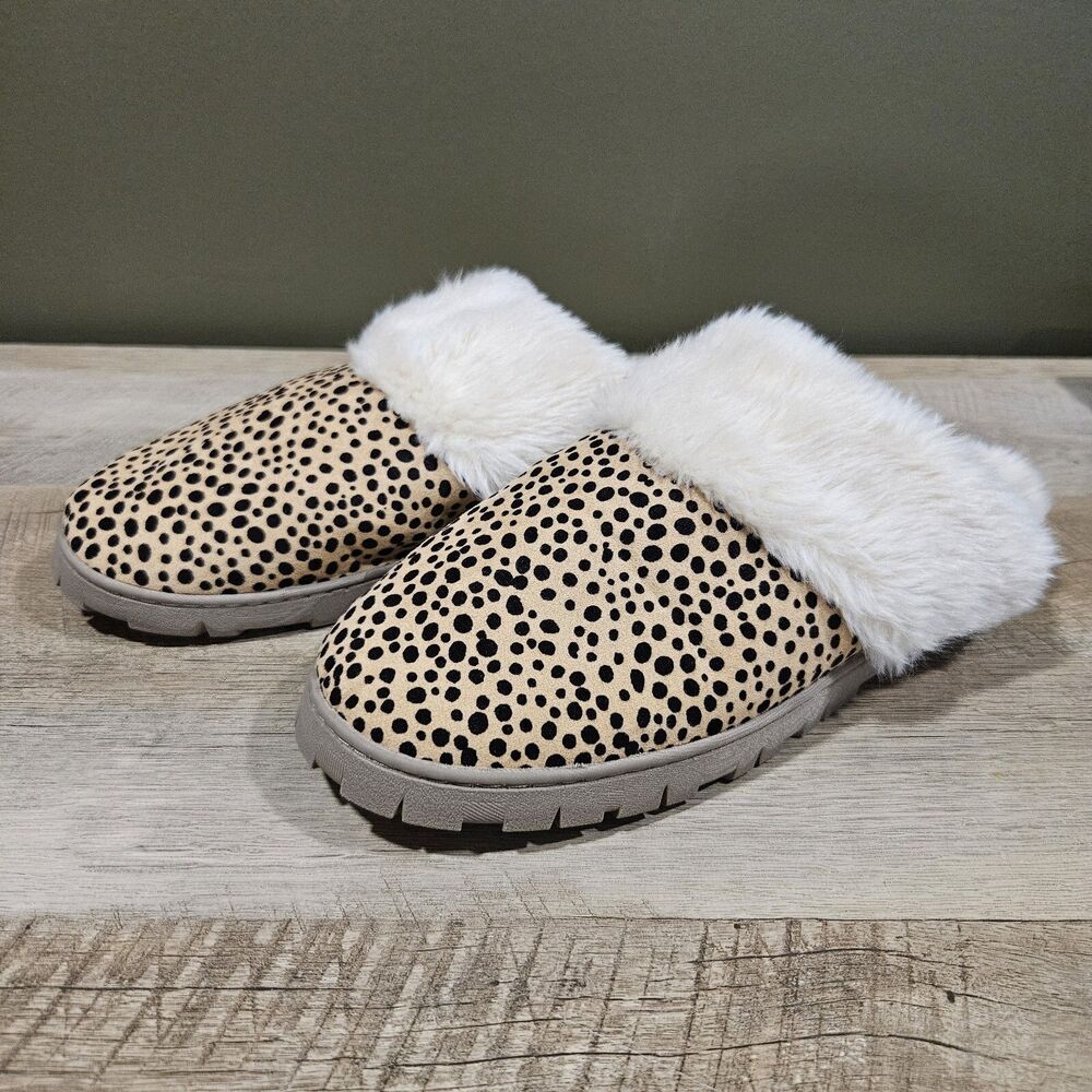 Dr Scholls Sunday Scuff Womens 11M Slipper Mules Faux Fur Leopard Print Cream